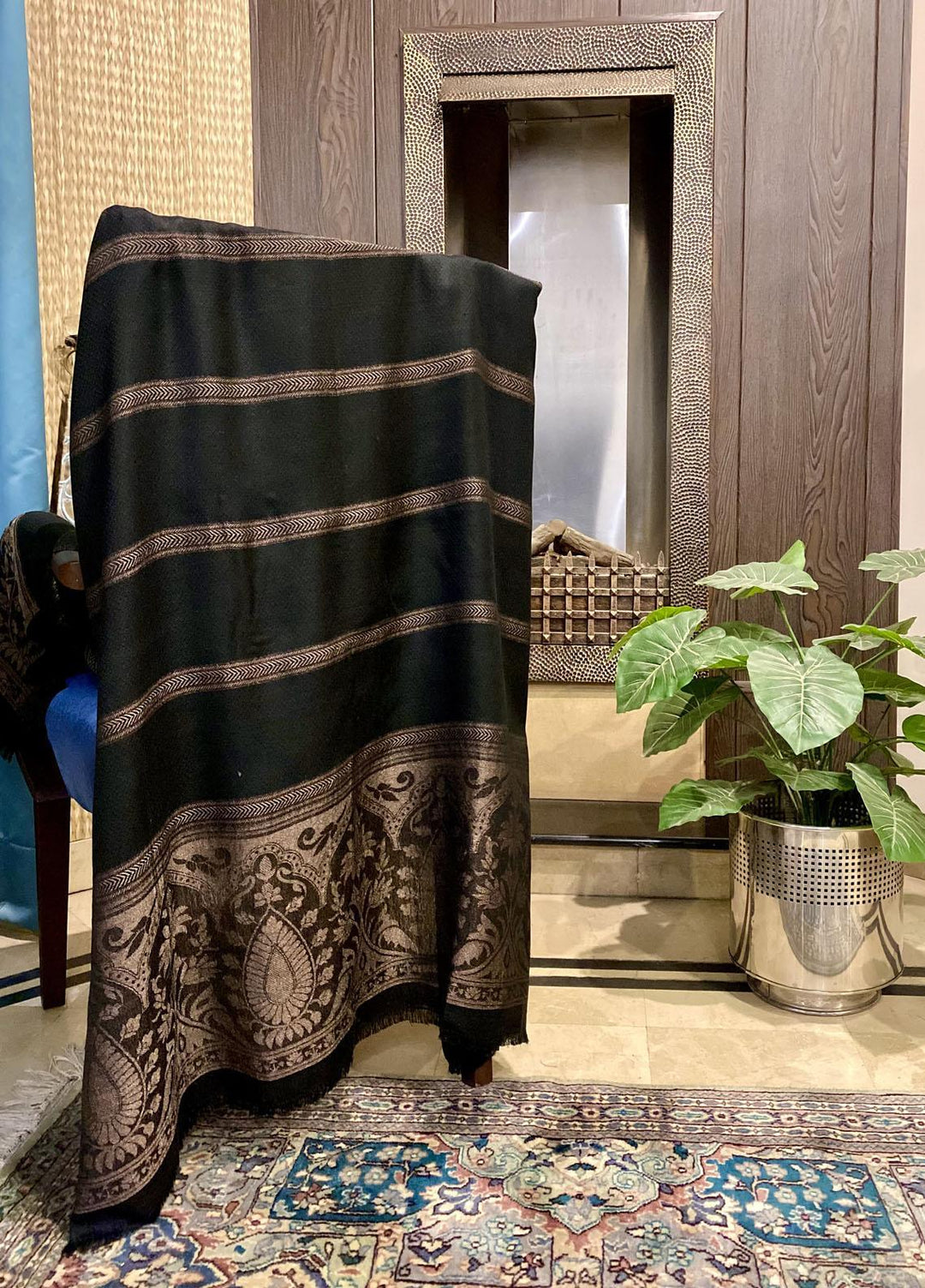 Naaz Couture  Wool  Shawls Black Wool Dark Copper Zari-01 - Winter Wool Shawls