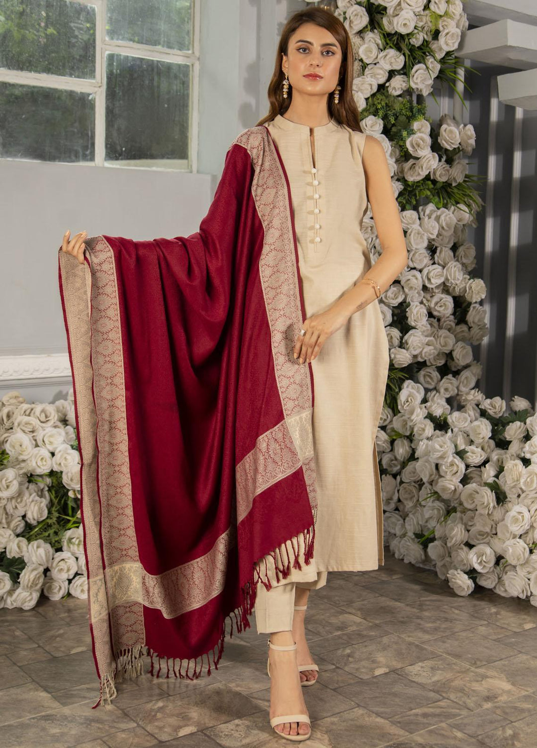 Naaz Couture   Maroon Jacquard Wool Shawl - Winter Shawls