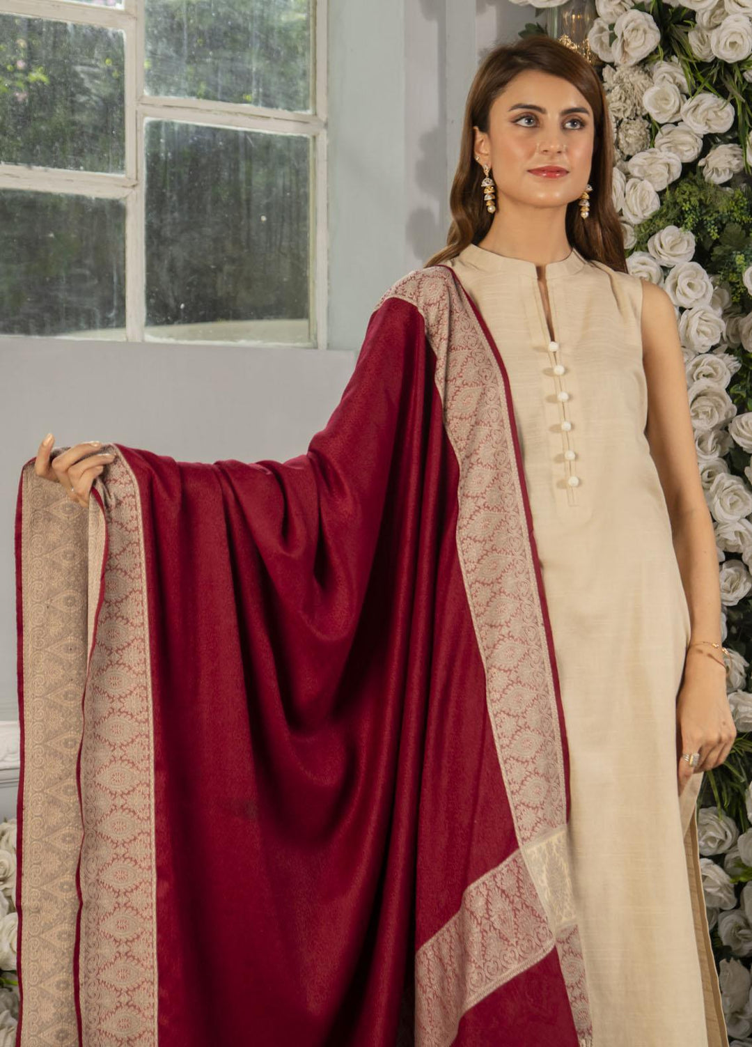 Naaz Couture   Maroon Jacquard Wool Shawl - Winter Shawls