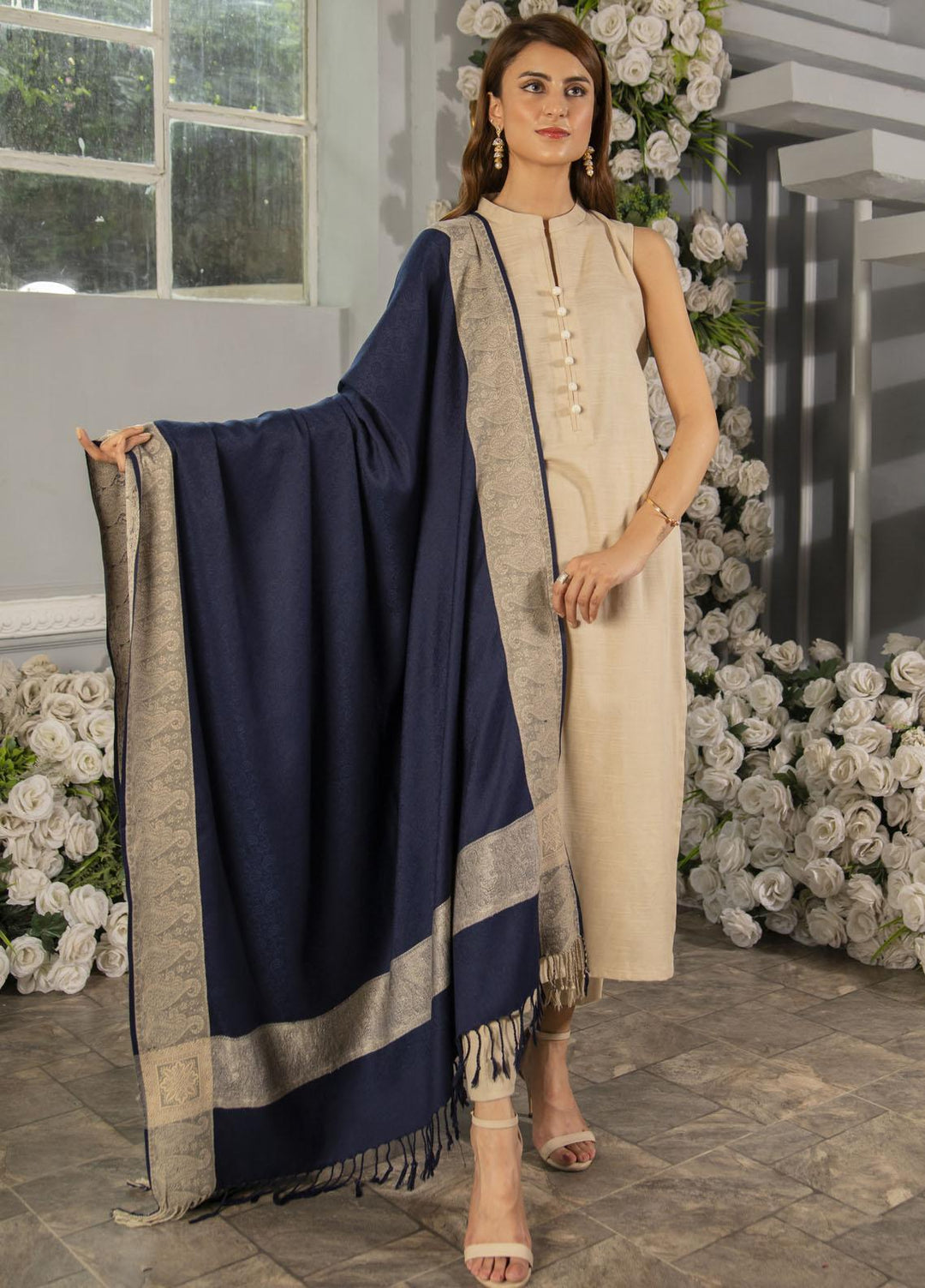 Naaz Couture   Navy blue Jacquard Wool Shawl - Winter Shawls