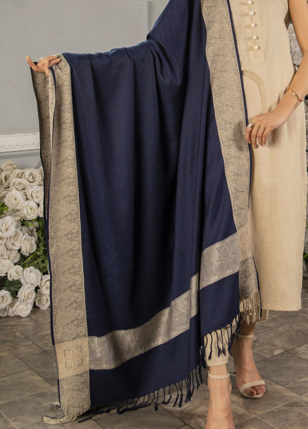 Naaz Couture   Navy blue Jacquard Wool Shawl - Winter Shawls