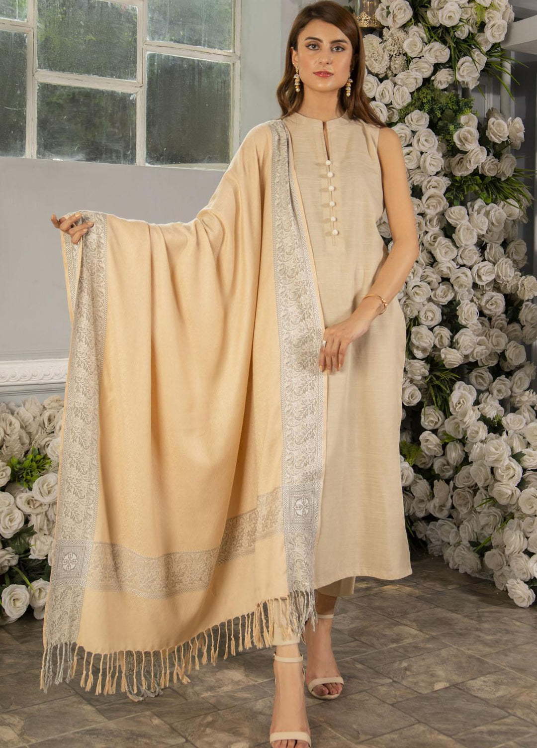 Naaz Couture   Beige Jacquard Wool Shawl - Winter Shawls