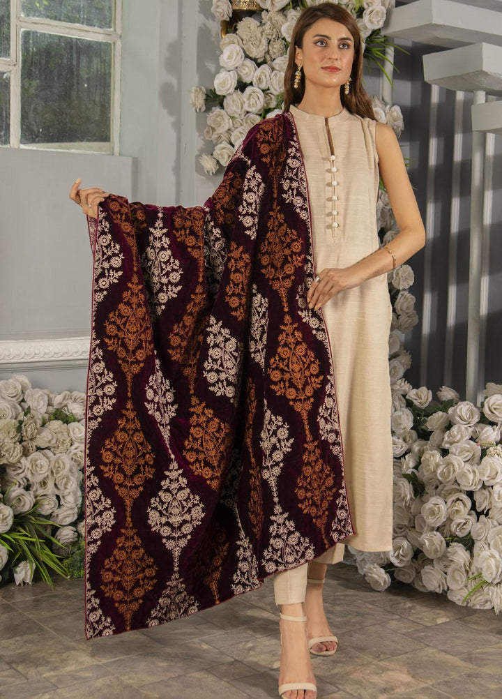 Naaz Couture   Maroon Embroidered Velvet Shawl - Winter Shawls