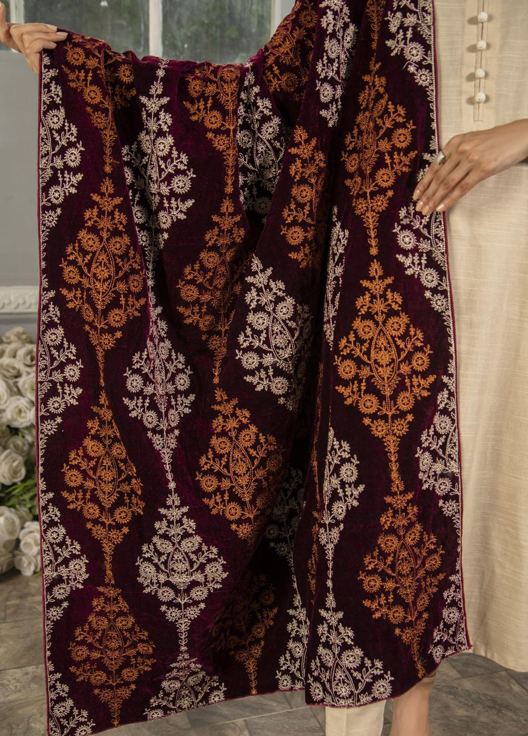 Naaz Couture   Maroon Embroidered Velvet Shawl - Winter Shawls