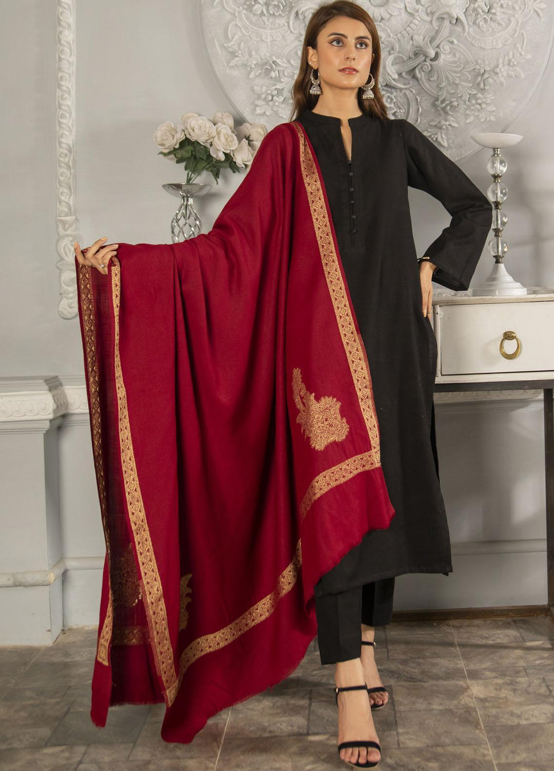 Naaz Couture   Maroon Pashmina Wool Jacquard Shawl - Winter Shawls