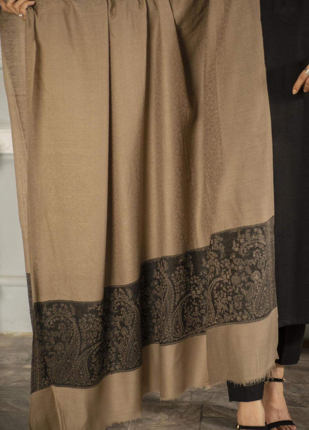 Naaz Couture   Beige Pashmina Wool Jacquard Shawl - Winter Shawls