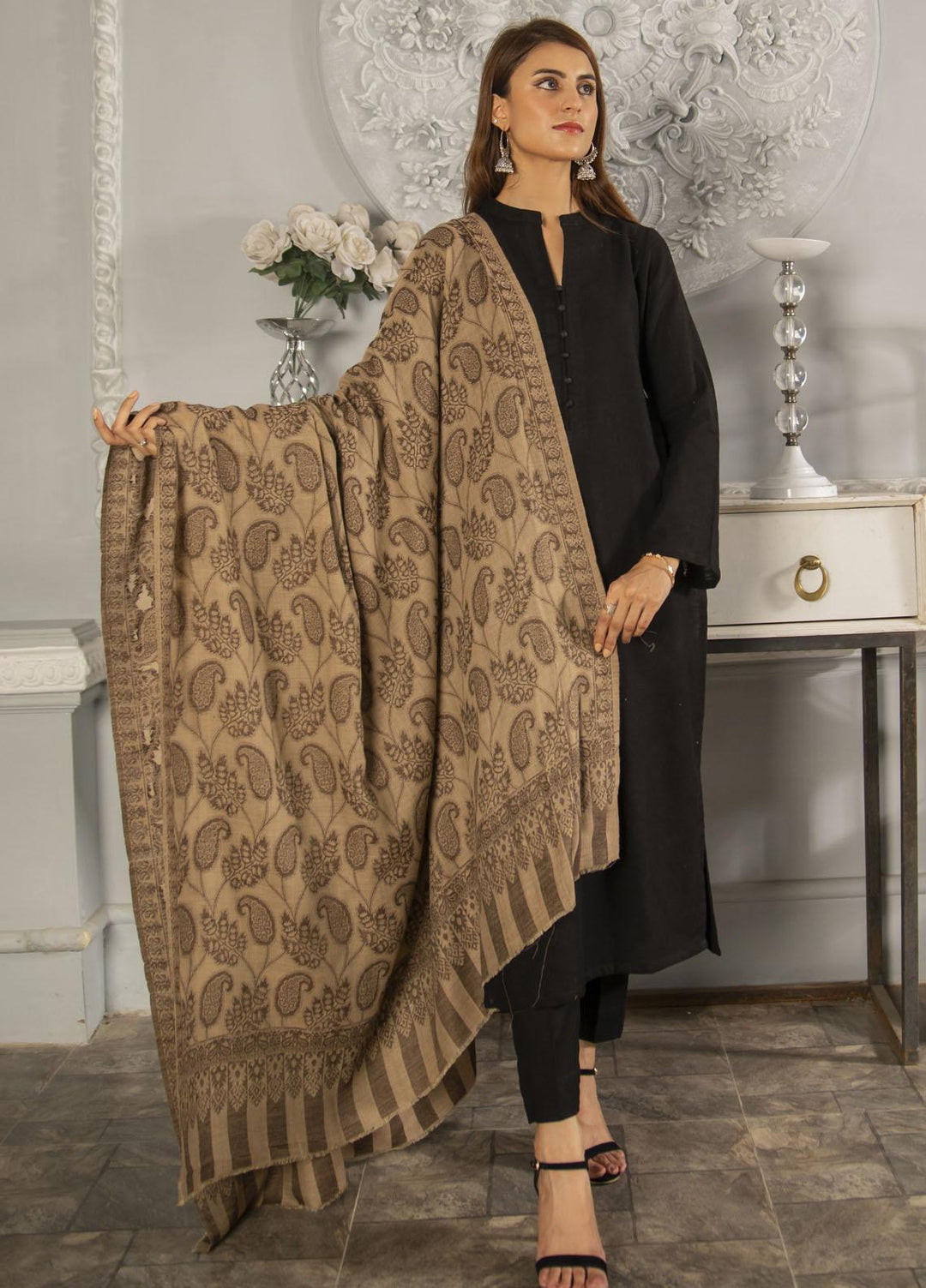 Naaz Couture   Beige Pashmina Jamawar Shawl - Winter Shawls