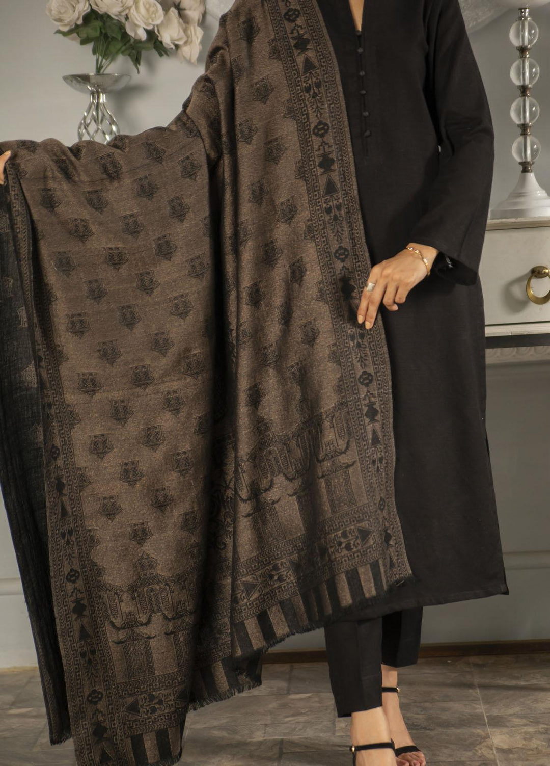 Naaz Couture   Black Pashmina Wool Moonlight shawl - Winter Shawls