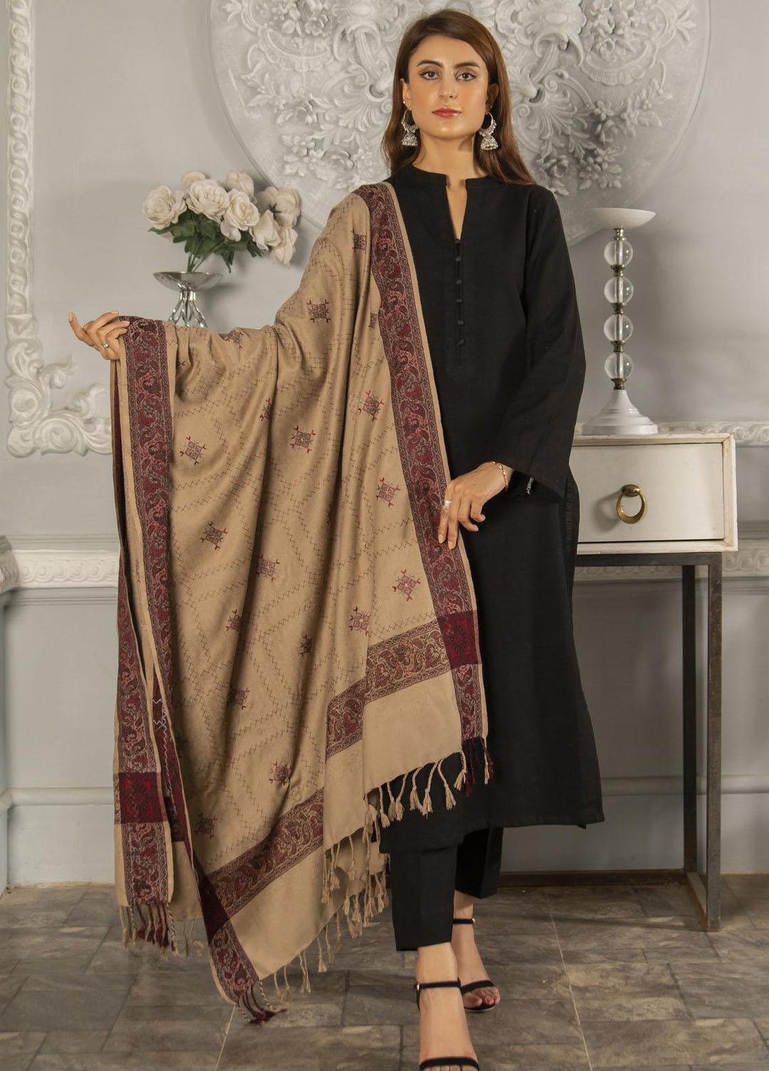 Naaz Couture   Beige Pashmina Wool Jacquard Shawl with embroidery - Winter Shawls