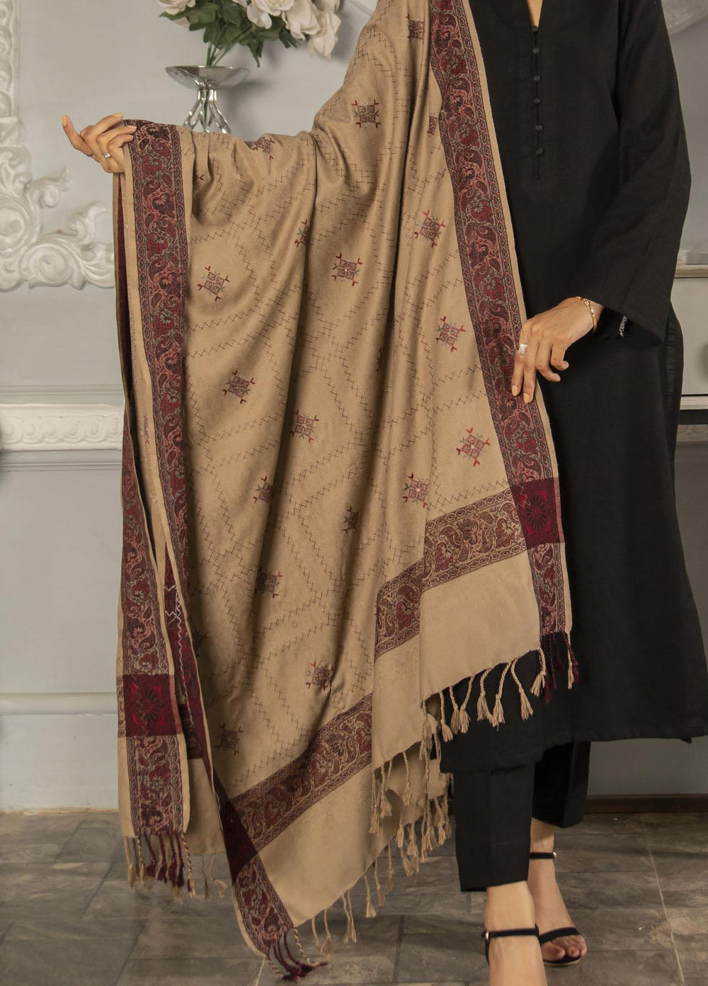 Naaz Couture   Beige Pashmina Wool Jacquard Shawl with embroidery - Winter Shawls