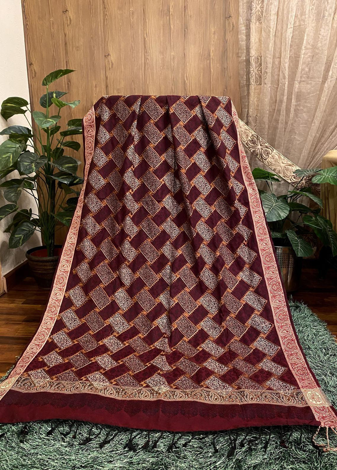 Naaz Couture Embroidered Wool  Shawl 30-Maroon Jacquard Acrylic - Winter Wool Shawls