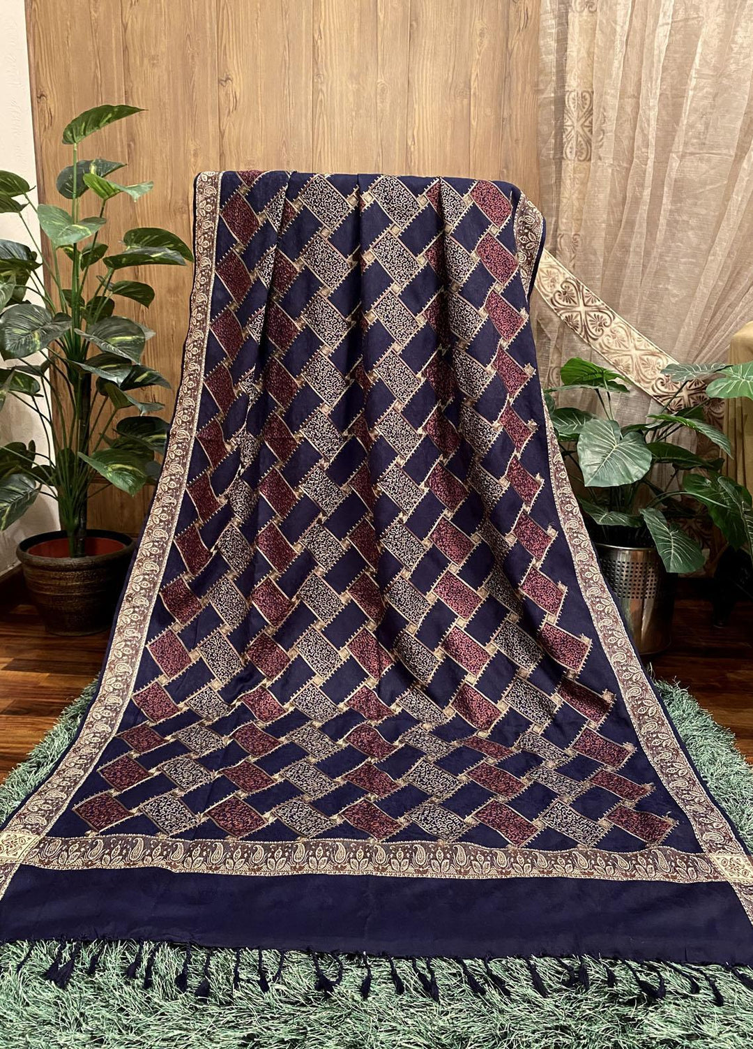 Naaz Couture Embroidered Wool  Shawl 31-Navy Blue Jacquard Acrylic - Winter Wool Shawls