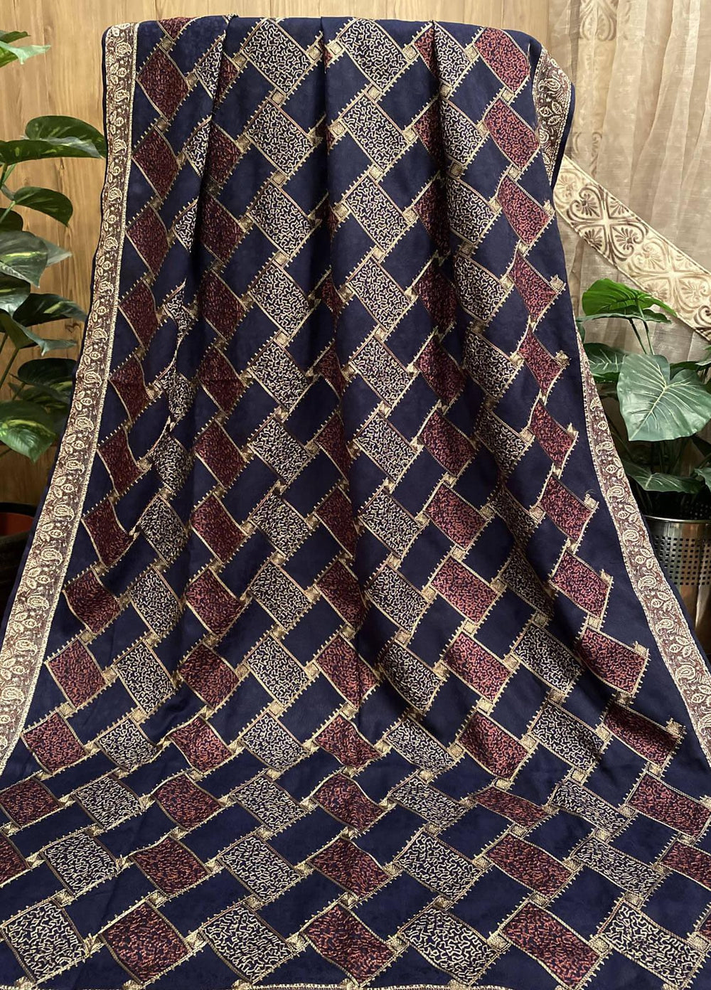 Naaz Couture Embroidered Wool  Shawl 31-Navy Blue Jacquard Acrylic - Winter Wool Shawls