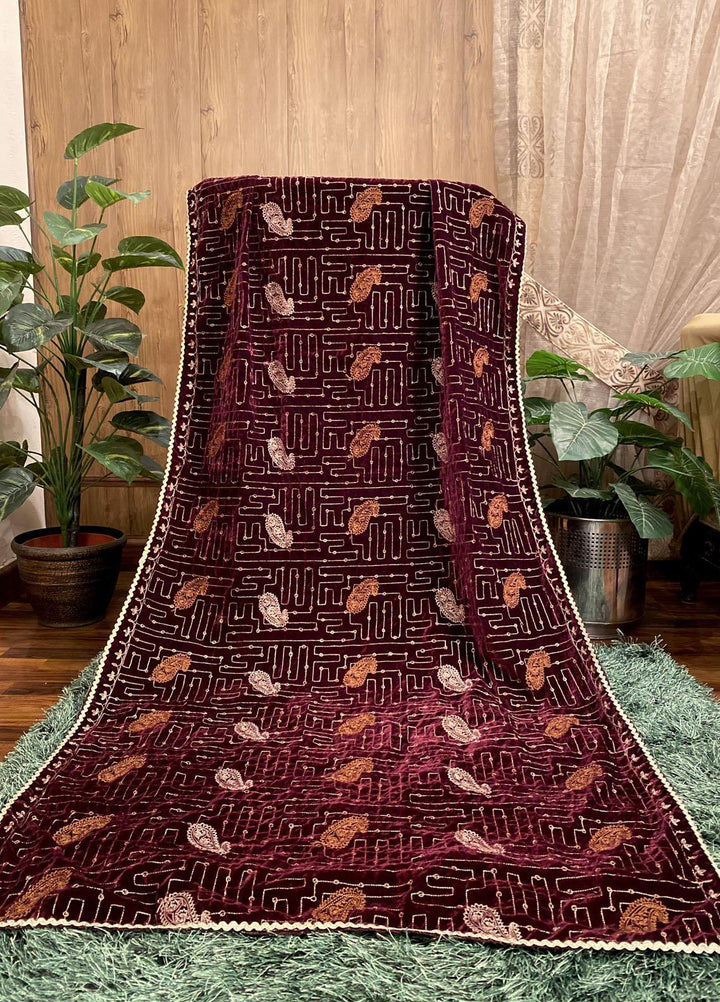 Naaz Couture Embroidered Velvet  Shawl 32-Maroon - Winter Velvet Shawls