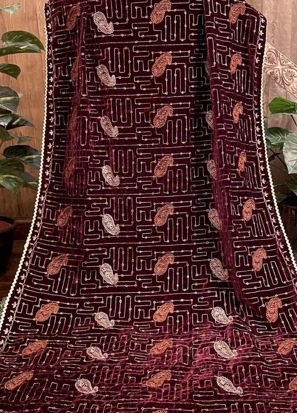 Naaz Couture Embroidered Velvet  Shawl 32-Maroon - Winter Velvet Shawls