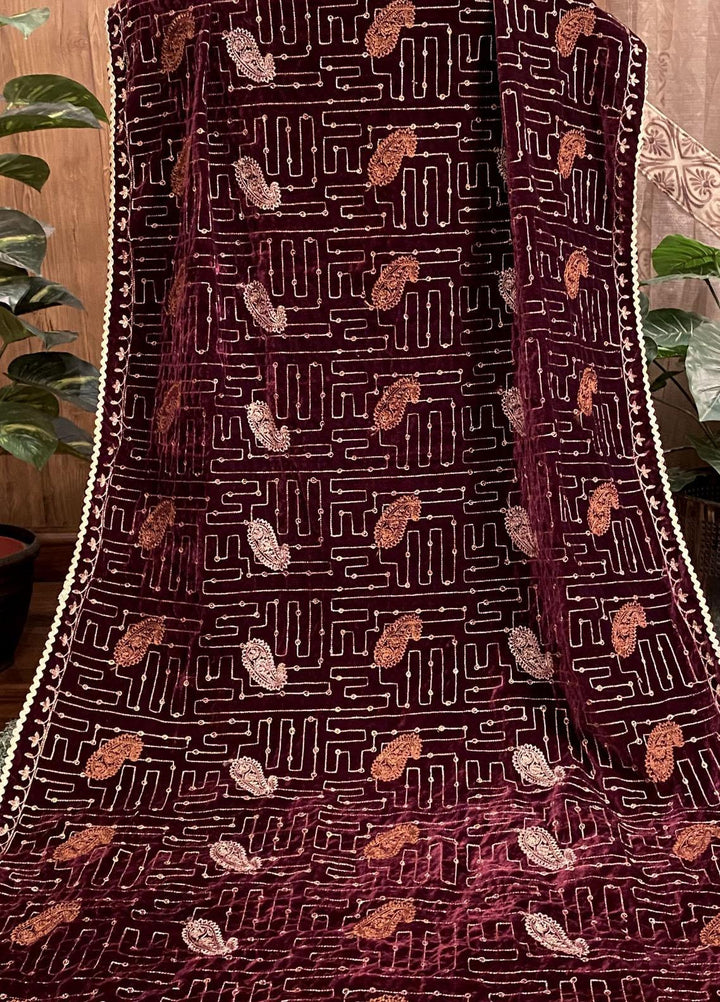 Naaz Couture Embroidered Velvet  Shawl 32-Maroon - Winter Velvet Shawls