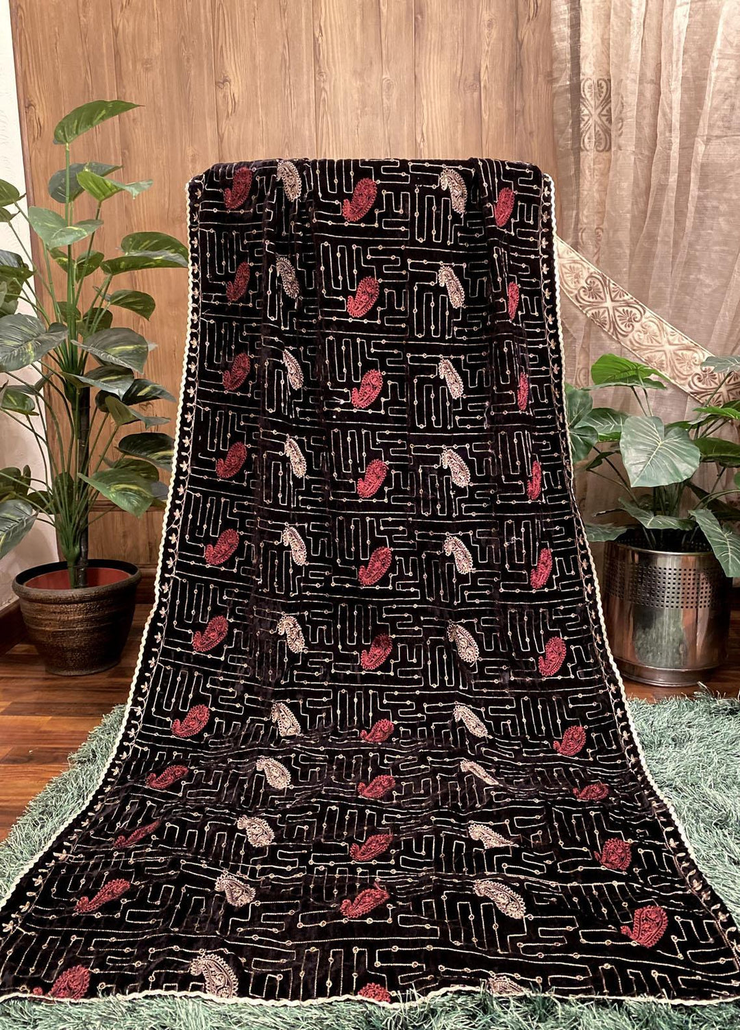 Naaz Couture Embroidered Velvet  Shawl 33-Maroon 2 - Winter Velvet Shawls