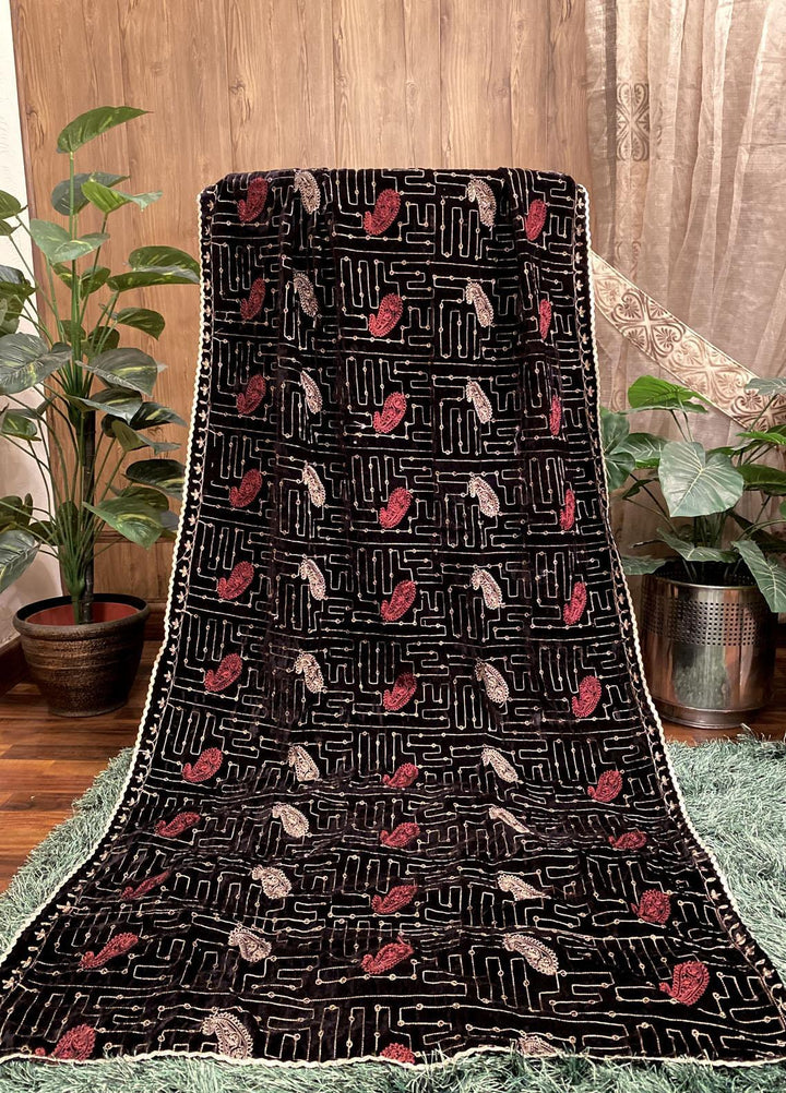 Naaz Couture Embroidered Velvet  Shawl 33-Maroon 2 - Winter Velvet Shawls