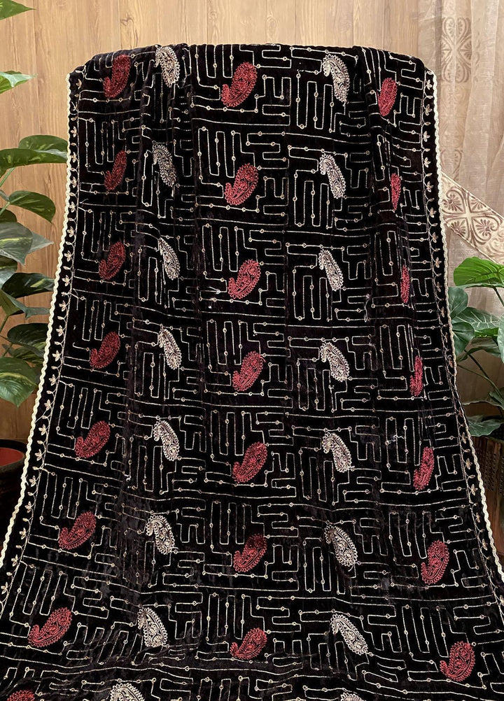 Naaz Couture Embroidered Velvet  Shawl 33-Maroon 2 - Winter Velvet Shawls