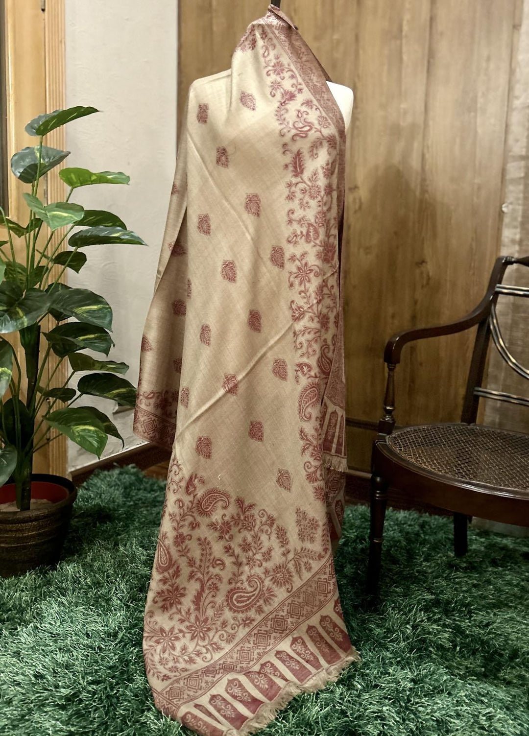 Naaz Couture   Beige & Maroon Turkish Wool Shawl - Winter Shawls