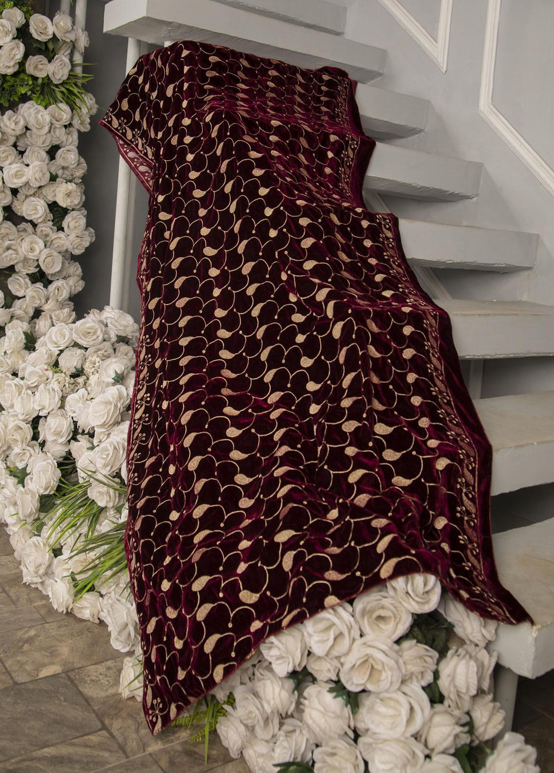 Naaz Couture  Velvet  Maroon Velvet Shawl With Beige Schiffli Embroidery - Women Shawls