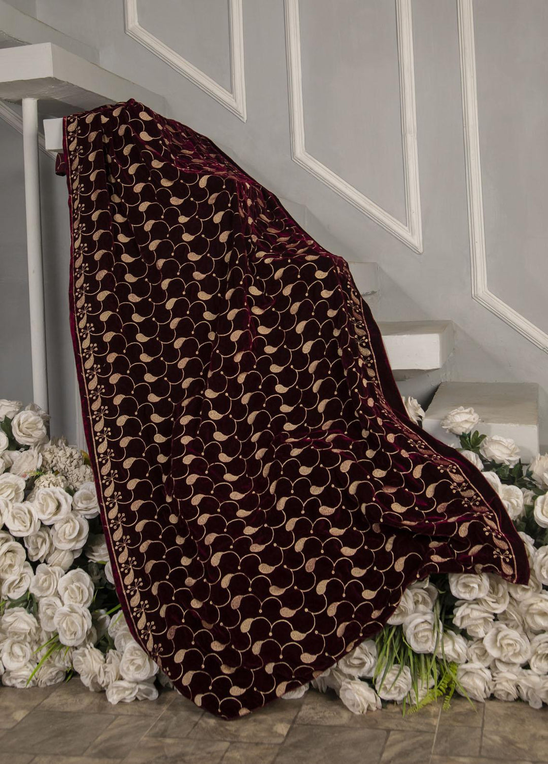 Naaz Couture  Velvet  Maroon Velvet Shawl With Beige Schiffli Embroidery - Women Shawls