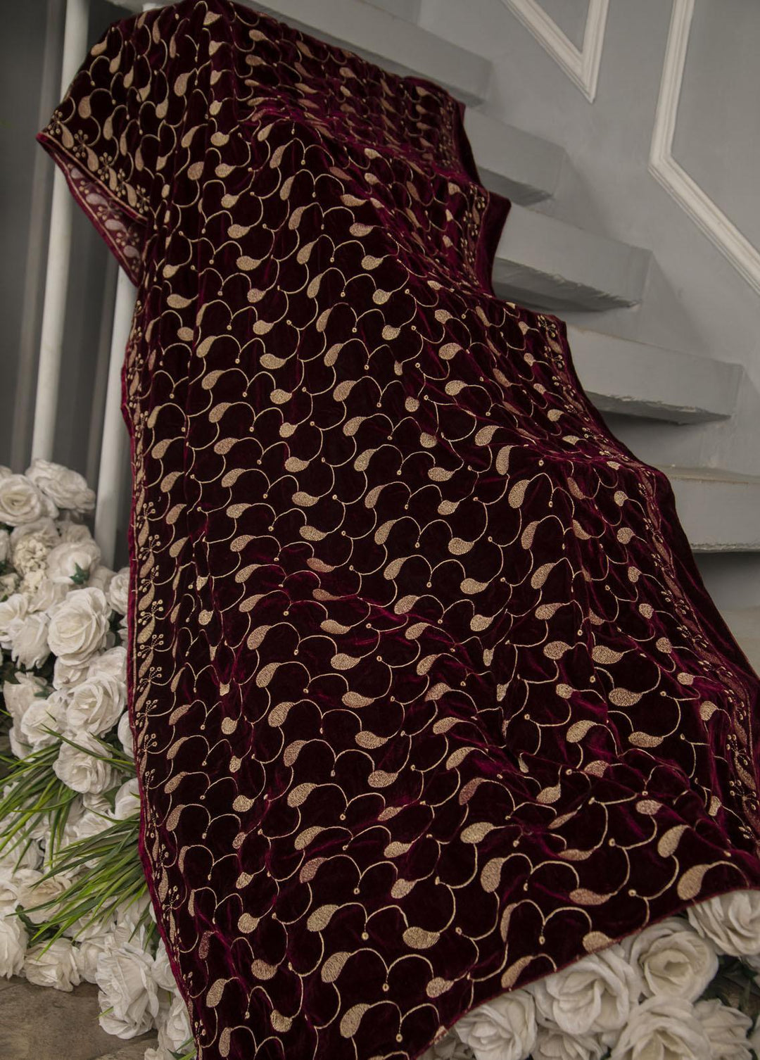 Naaz Couture  Velvet  Maroon Velvet Shawl With Beige Schiffli Embroidery - Women Shawls