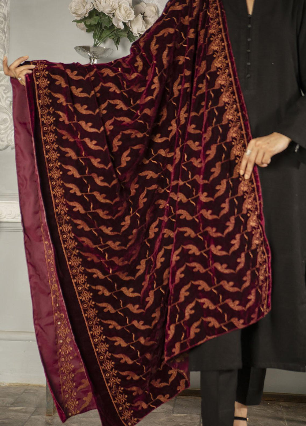 Naaz Couture  Velvet  Maroon Velvet Shawl With Copper Schiffli Embroidery - Women Shawls