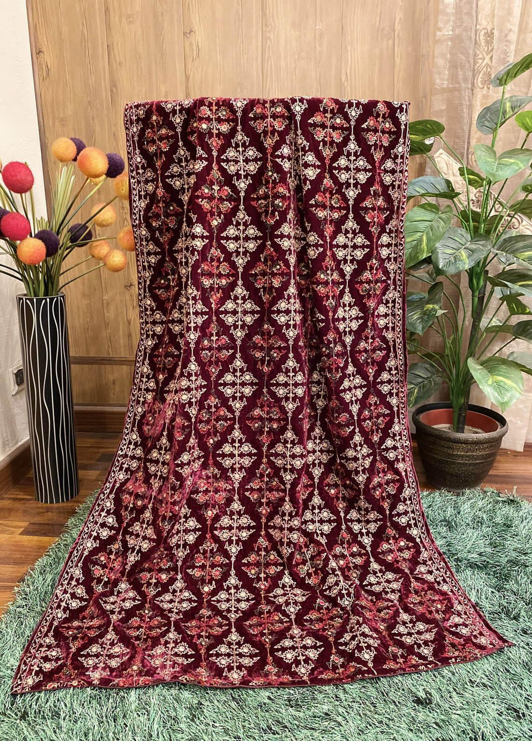 Naaz Couture Embroidered Velvet  Shawls-26 Maroon - Winter Velvet Shawls