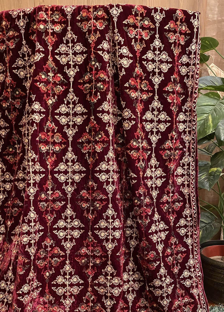 Naaz Couture Embroidered Velvet  Shawls-26 Maroon - Winter Velvet Shawls