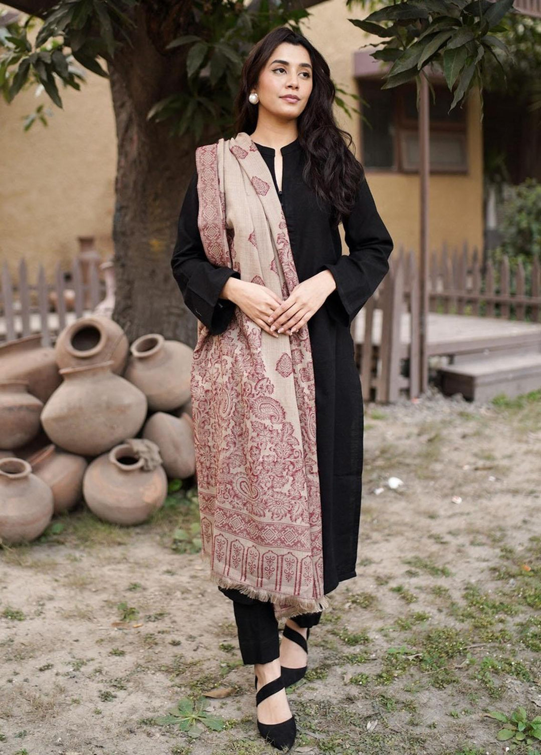 Naaz Couture    Beige Printed Indian Pashmina - Women Shawls