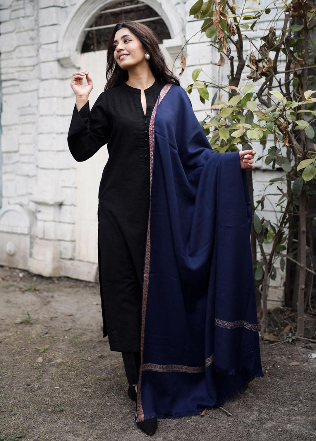 Naaz Couture    Navy Blue Pure Pashmina Wool Border  - Women Shawls