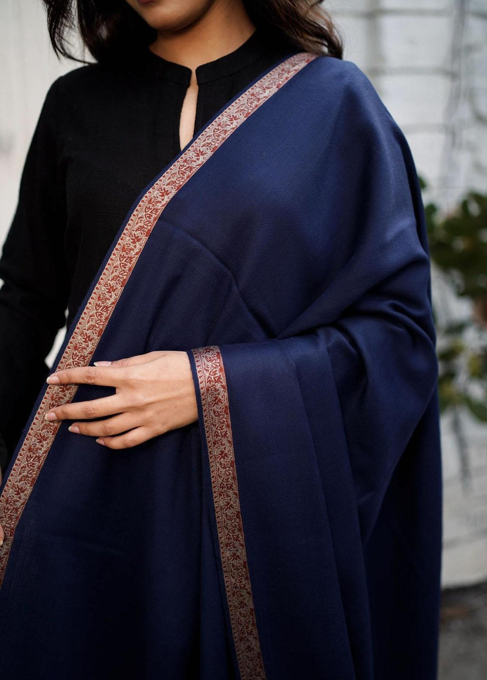 Naaz Couture    Navy Blue Pure Pashmina Wool Border  - Women Shawls