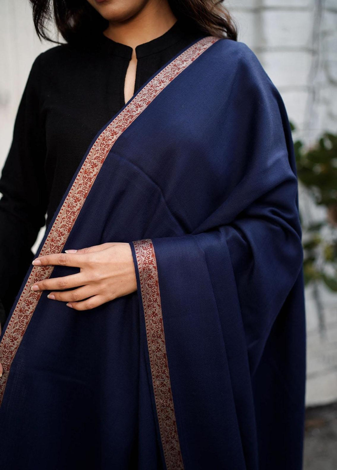 Naaz Couture    Navy Blue Pure Pashmina Wool Border  - Women Shawls