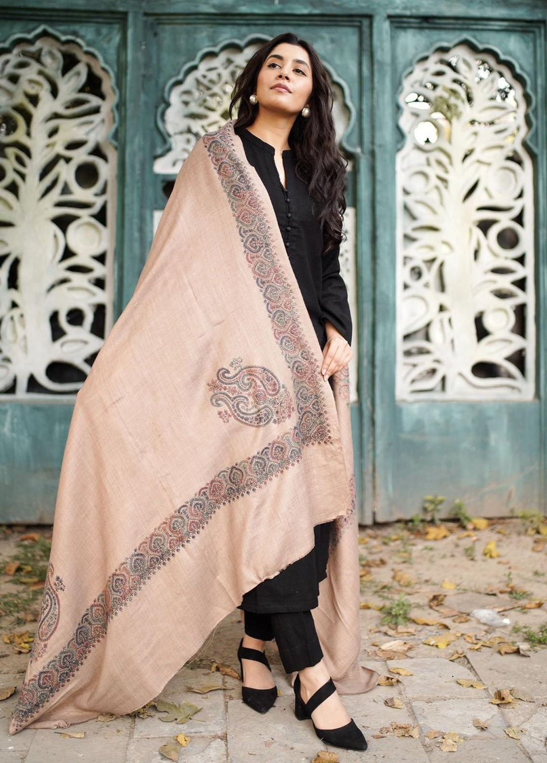 Naaz Couture    Hand embroidered Ivory Beige Indian Pashmina - Women Shawls