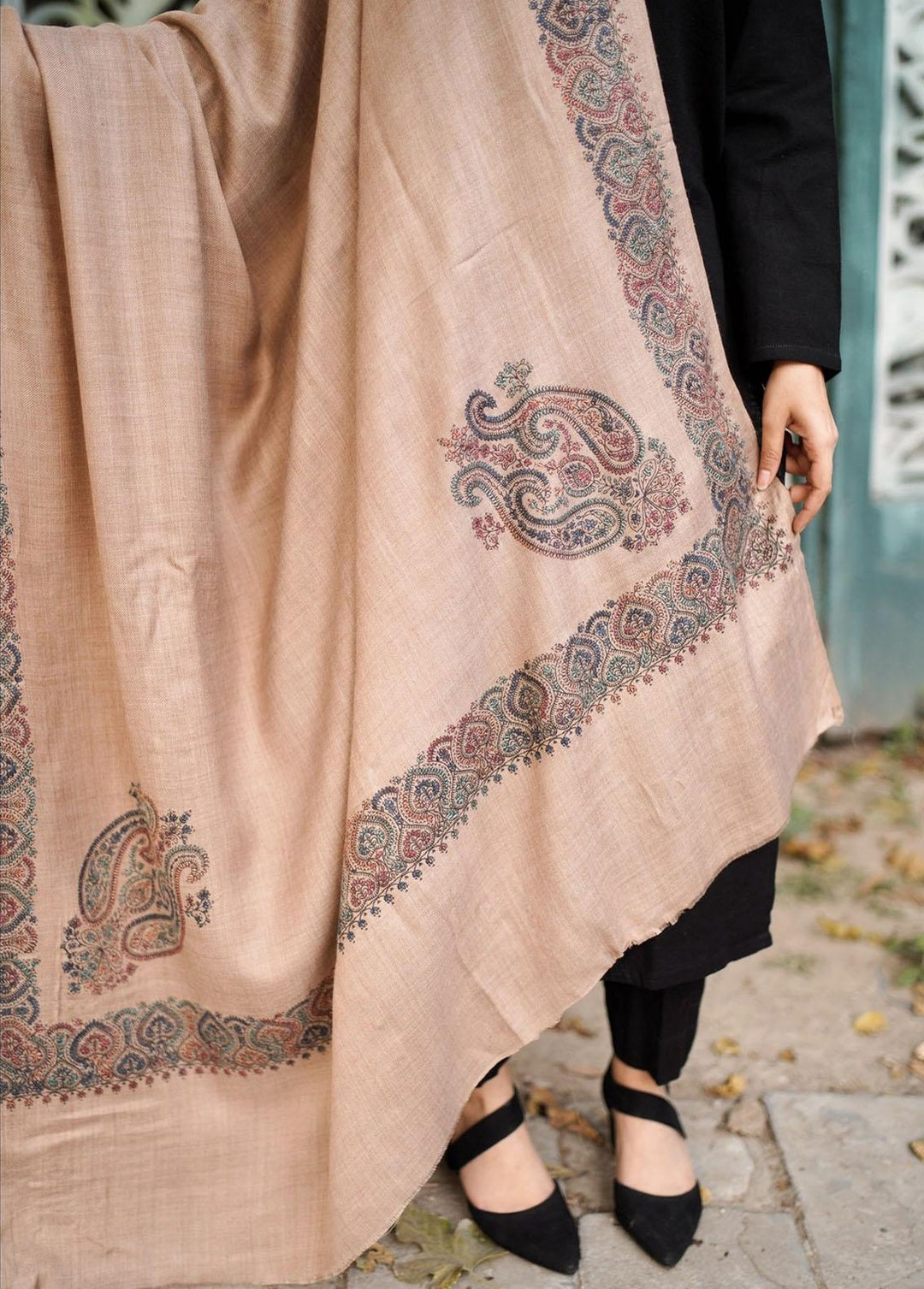 Naaz Couture    Hand embroidered Ivory Beige Indian Pashmina - Women Shawls