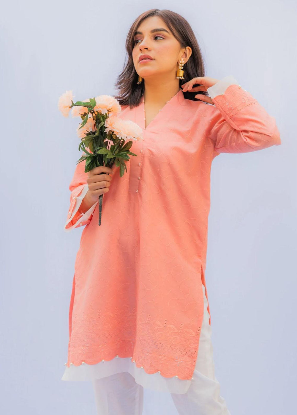 Naaz Couture Pret Casual Lawn Kurti NC22NK Coral Pink Chikankari Shirt