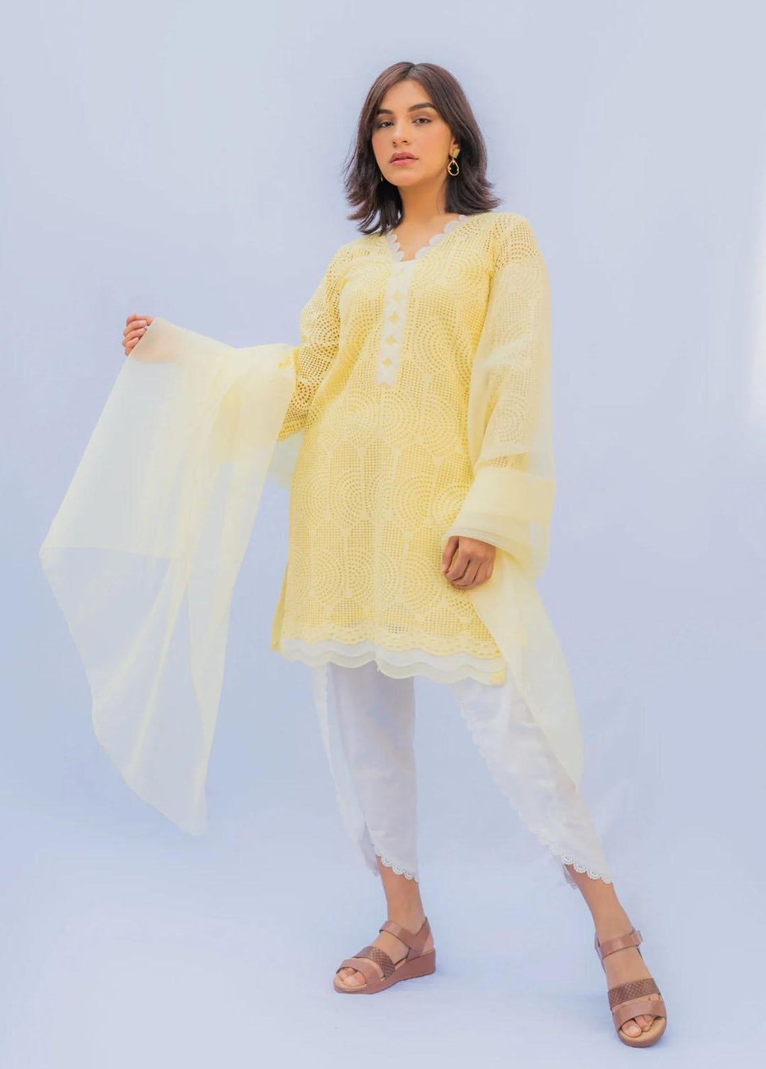 Naaz Couture Pret Casual Lawn Kurti NC22NK Pastel Yellow Chikan Shirt with Slip