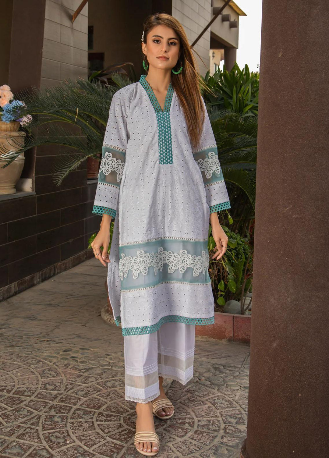 Naaz Couture Casual Pret  Chikankari Lawn Kurta NC23NK-2 White & Sea Green