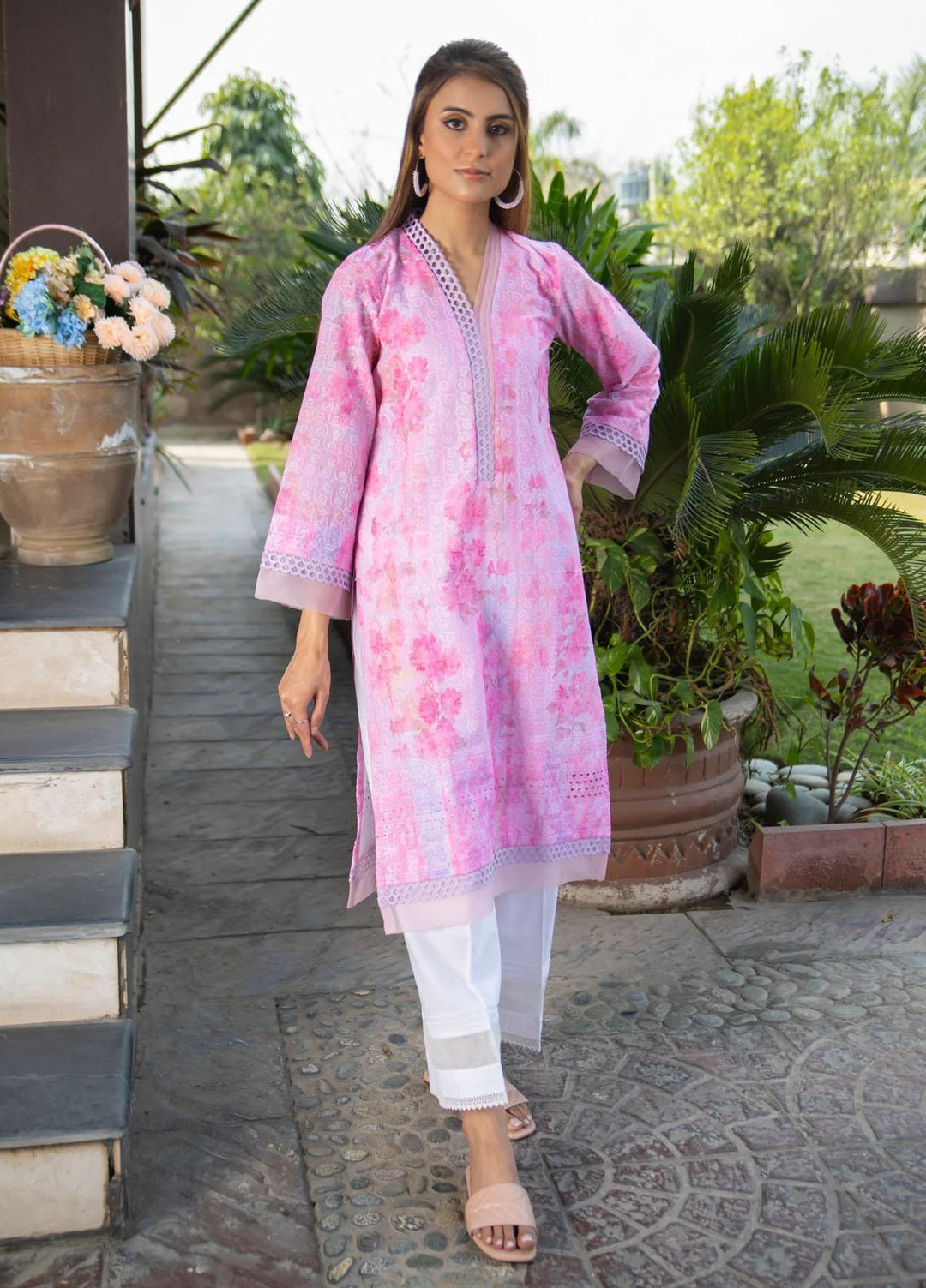 Naaz Couture Casual Pret  Chikankari Lawn Kurta NC23NK-2 Floral Pink