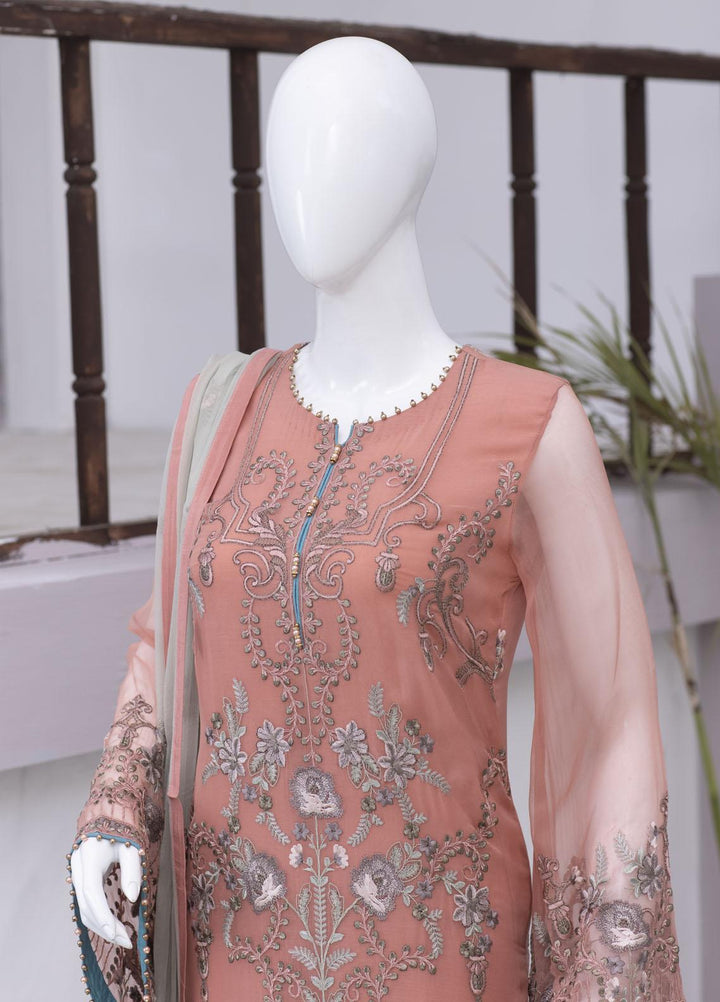 Flossie Embroidered Chiffon Suits Unstitched 3 Piece FS23NF N-703 Sun Coral - Festive Collection