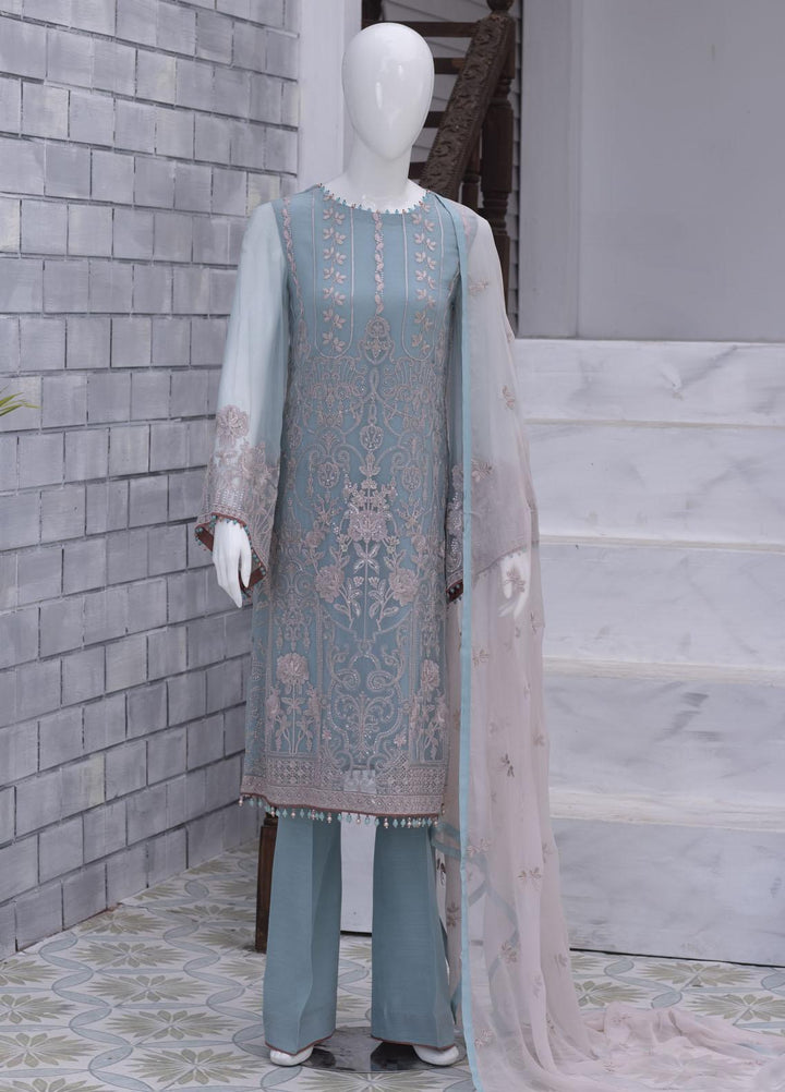Flossie Embroidered Chiffon Suits Unstitched 3 Piece FS23NF N-705 Blue Tint - Festive Collection