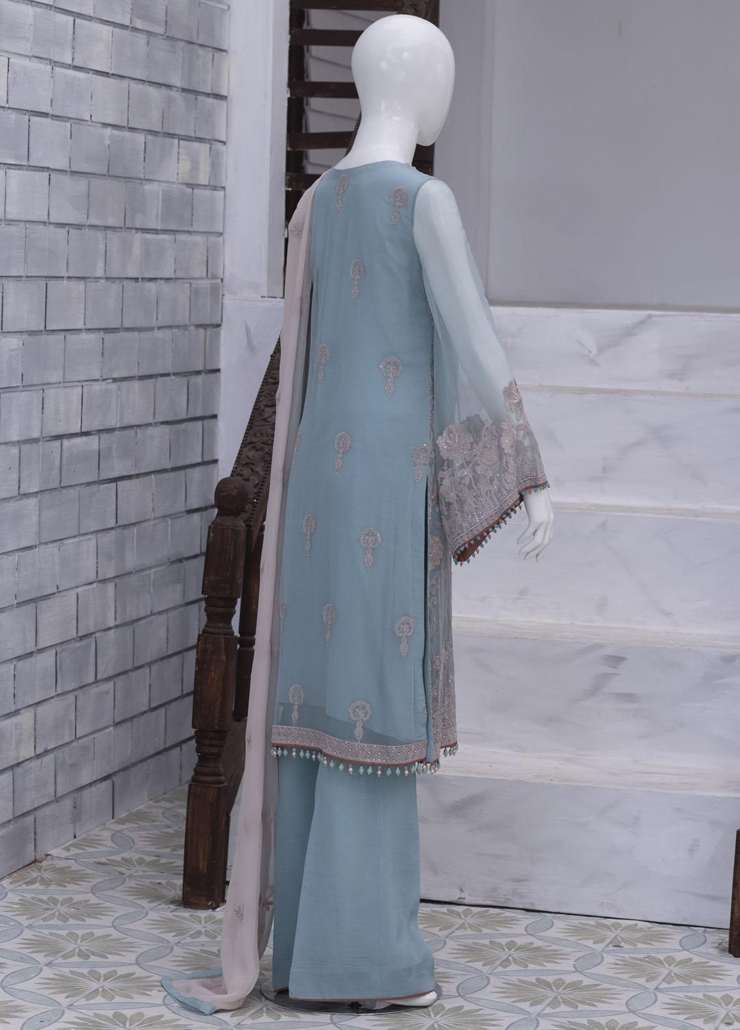 Flossie Embroidered Chiffon Suits Unstitched 3 Piece FS23NF N-705 Blue Tint - Festive Collection