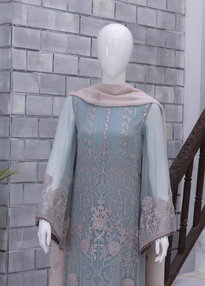 Flossie Embroidered Chiffon Suits Unstitched 3 Piece FS23NF N-705 Blue Tint - Festive Collection