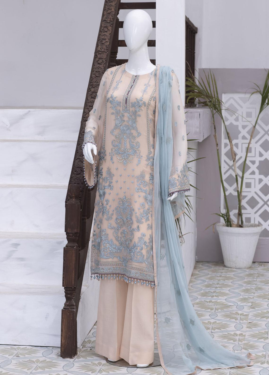 Flossie Embroidered Chiffon Suits Unstitched 3 Piece FS23NF N-707 Creole Pink - Festive Collection