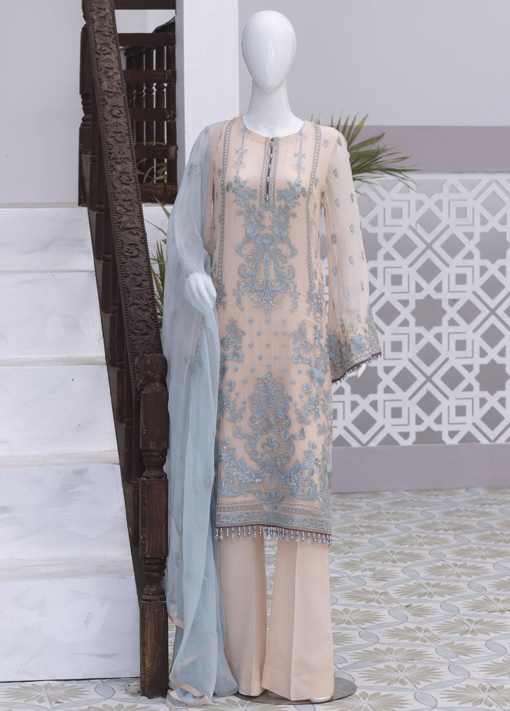 Flossie Embroidered Chiffon Suits Unstitched 3 Piece FS23NF N-707 Creole Pink - Festive Collection