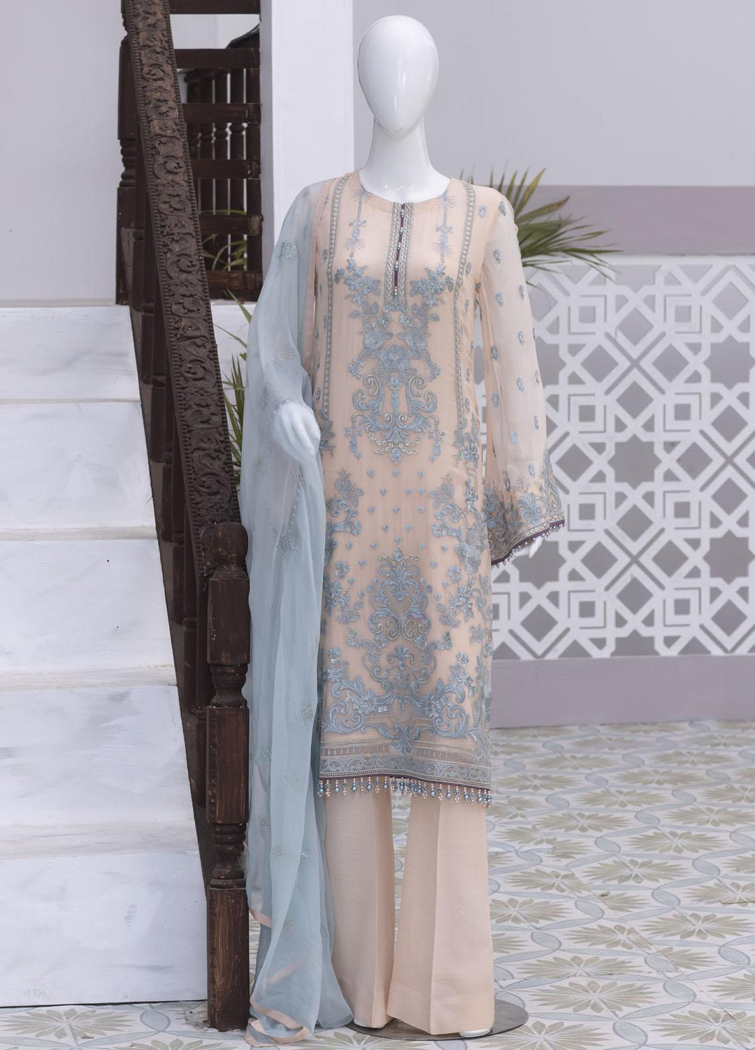 Flossie Embroidered Chiffon Suits Unstitched 3 Piece FS23NF N-707 Creole Pink - Festive Collection