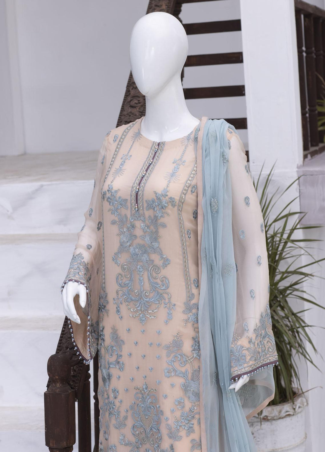 Flossie Embroidered Chiffon Suits Unstitched 3 Piece FS23NF N-707 Creole Pink - Festive Collection