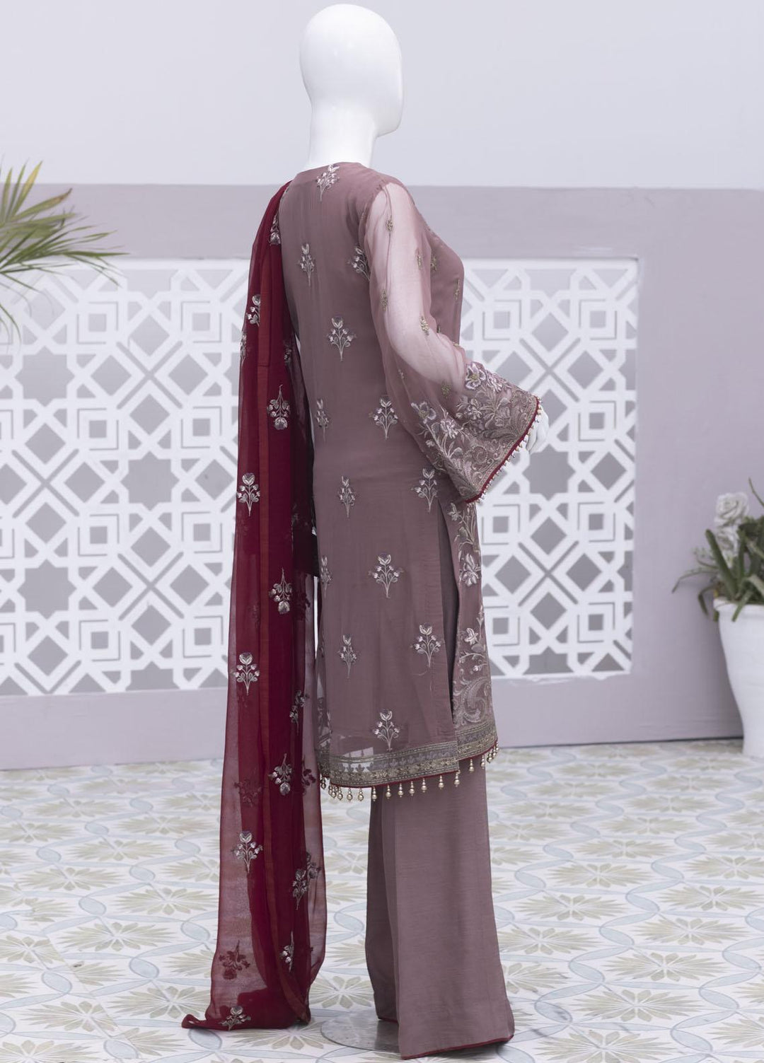 Flossie Embroidered Chiffon Suits Unstitched 3 Piece FS23NF N-708 Damson - Festive Collection