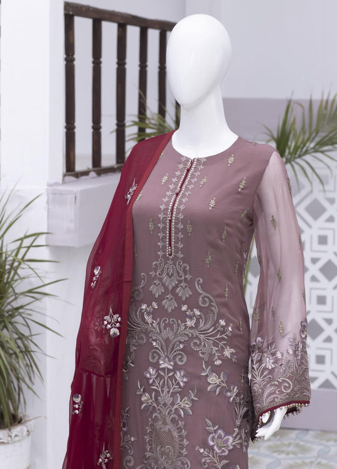 Flossie Embroidered Chiffon Suits Unstitched 3 Piece FS23NF N-708 Damson - Festive Collection